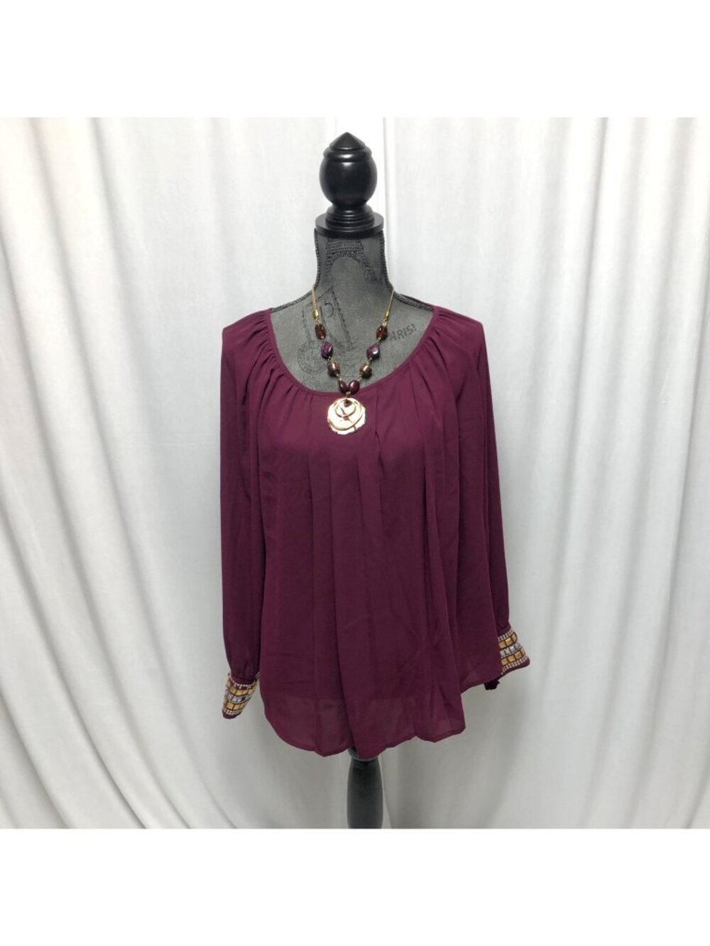 Alfani Blouse Womens Size 10 Burgundy Bedazzled Cuffs Top Party Festive Office